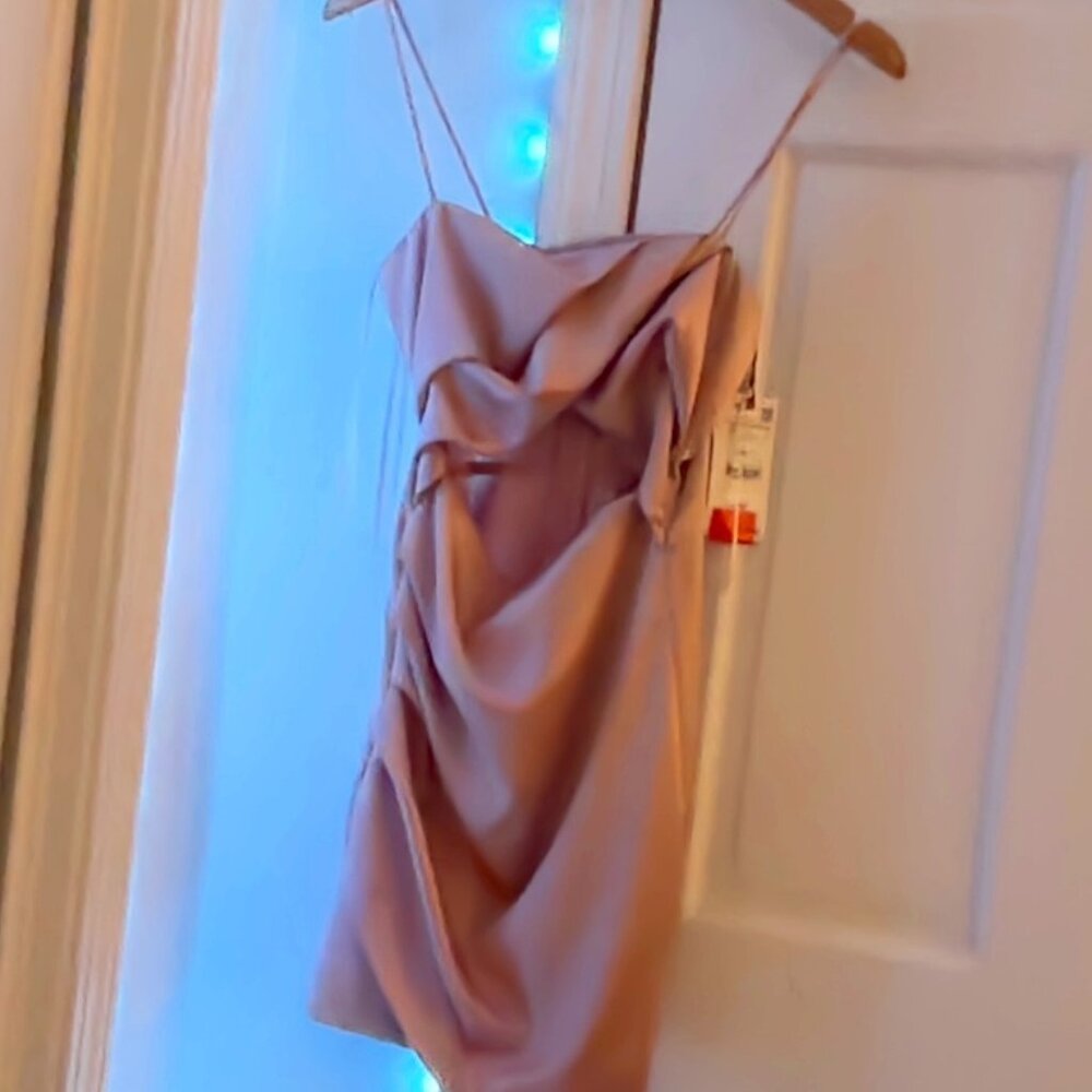 Pink/rose gold dress with opening in the front from zara
